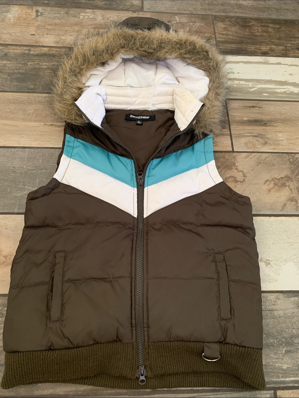 CoffeeShop Brown Puffer Vest with Teal & White Chevron & removable faux Fur Hood